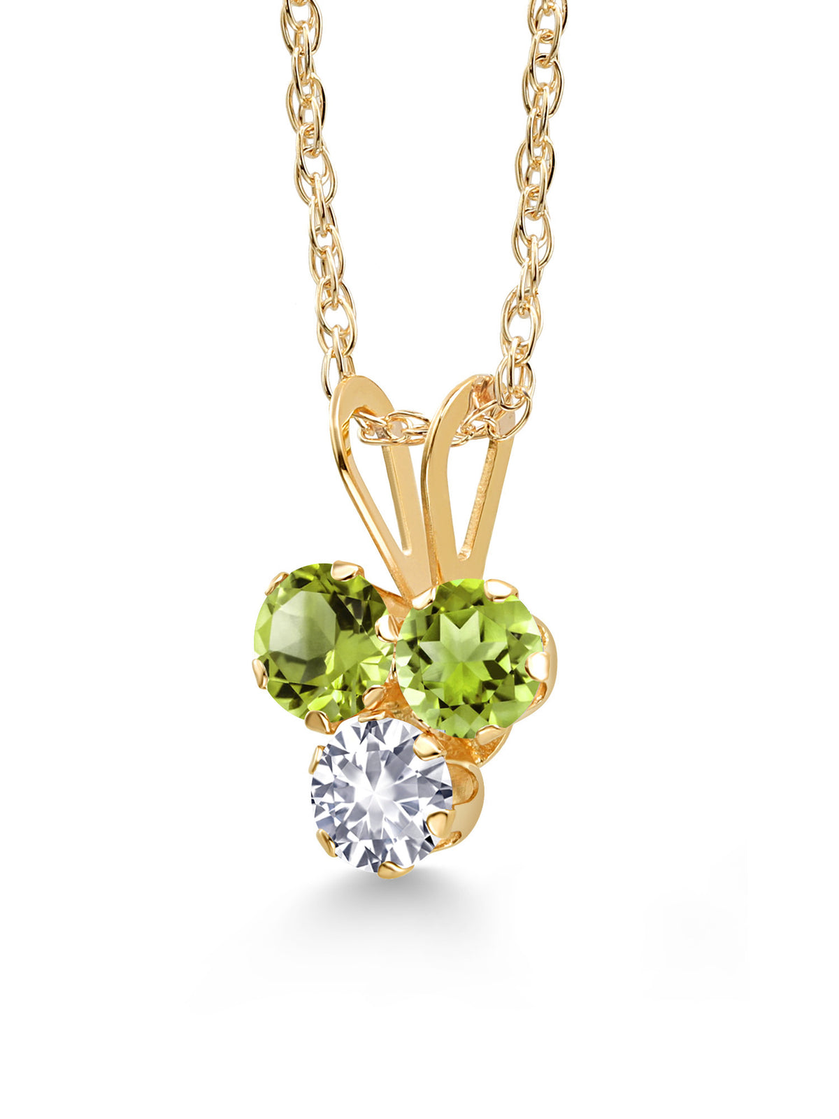 14K Yellow Gold Green Peridot and White Created Sapphire 3-Stone Pendant Necklace N4083