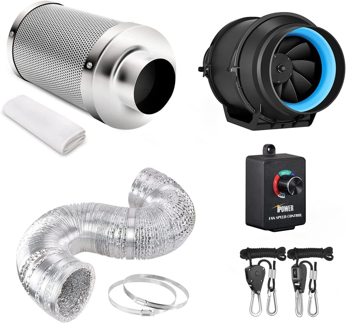 6 Inch 294 CFM Inline Fan with 6 Carbon Filter 25 Feet Ducting and Rope K184393