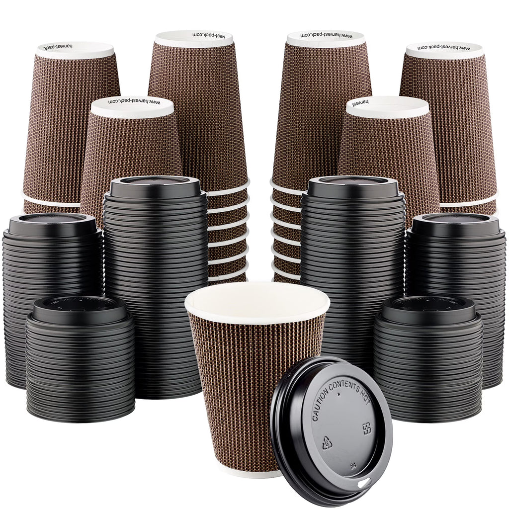 Disposable 12 fl oz Brown Rippled Double-Walled Paper Hot Cup with Lid 400 Sets Y60724