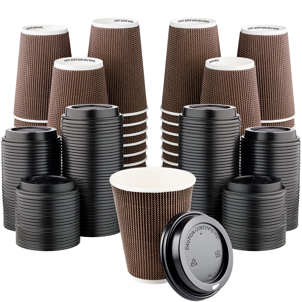 Disposable 12 fl oz Brown Rippled Double-Walled Paper Hot Cup with Lid 400 Sets Y60724