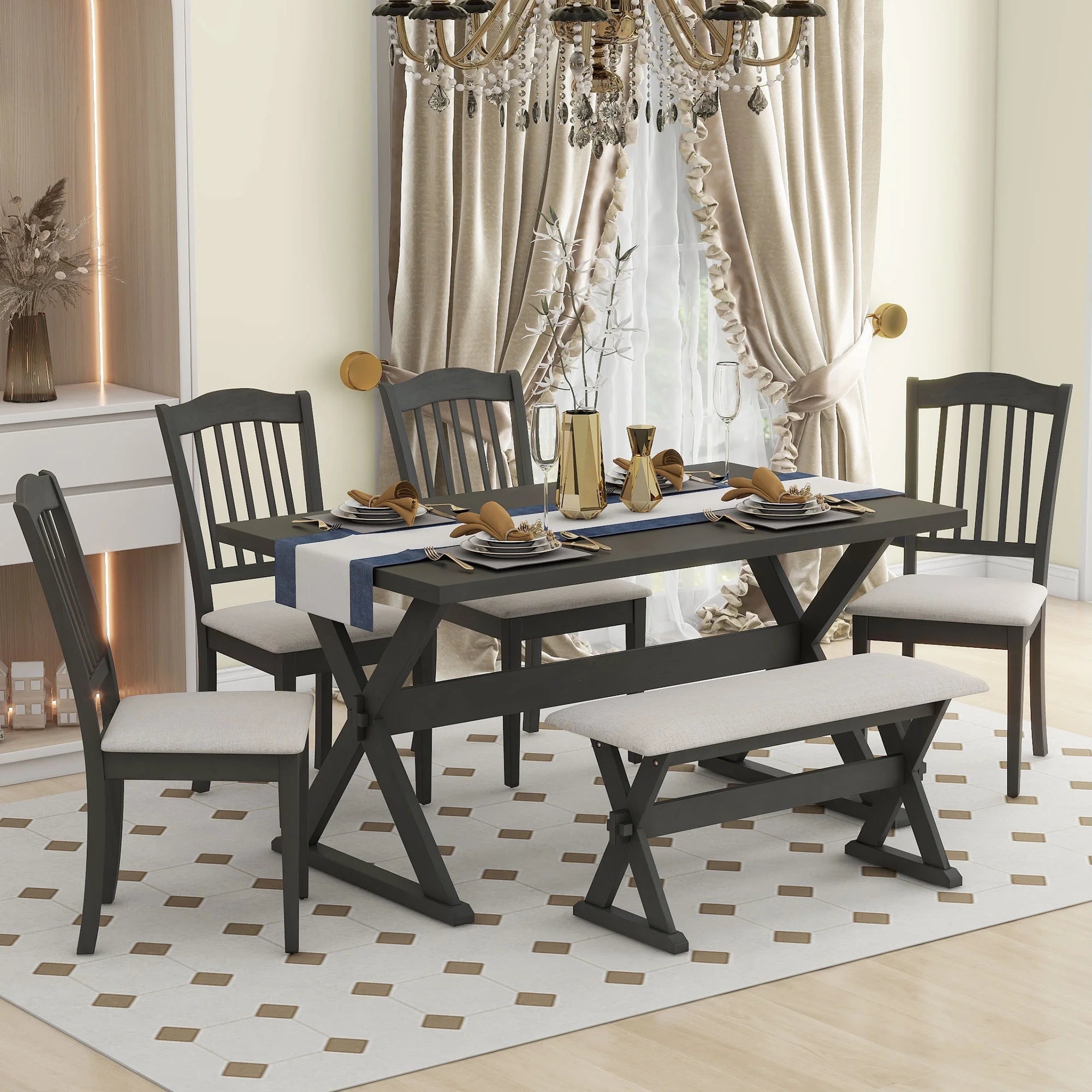 6 Piece Wood Dining Table Set with Bench and 4 Cushioned Chairs V347293