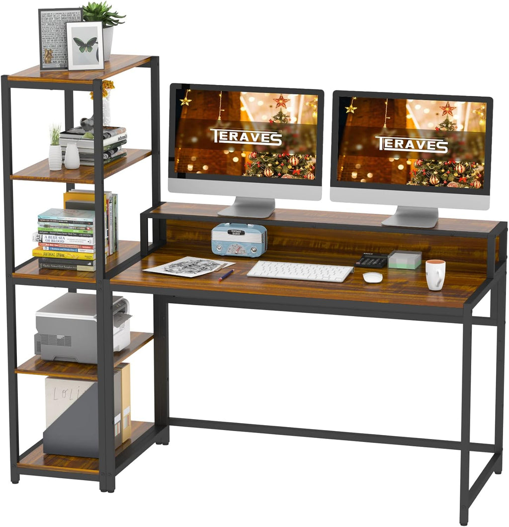Teak 47 Inch Computer Desk with 5 Tier Shelves K772140