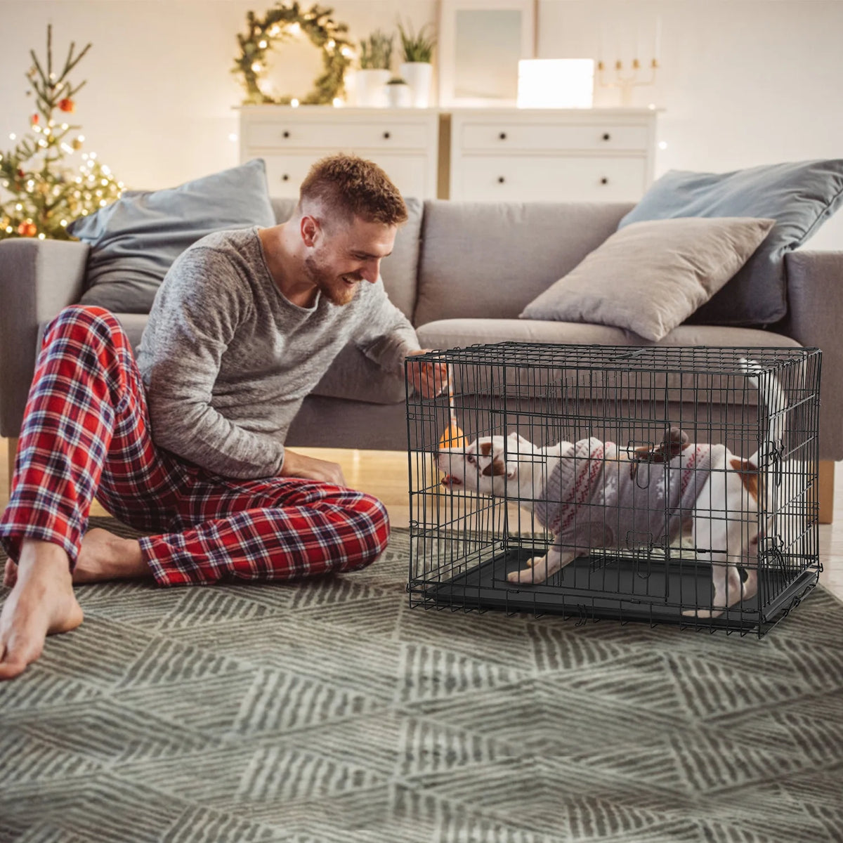 Black 42 inch Folding Wire Dog Crate with Divider and Double Door V979