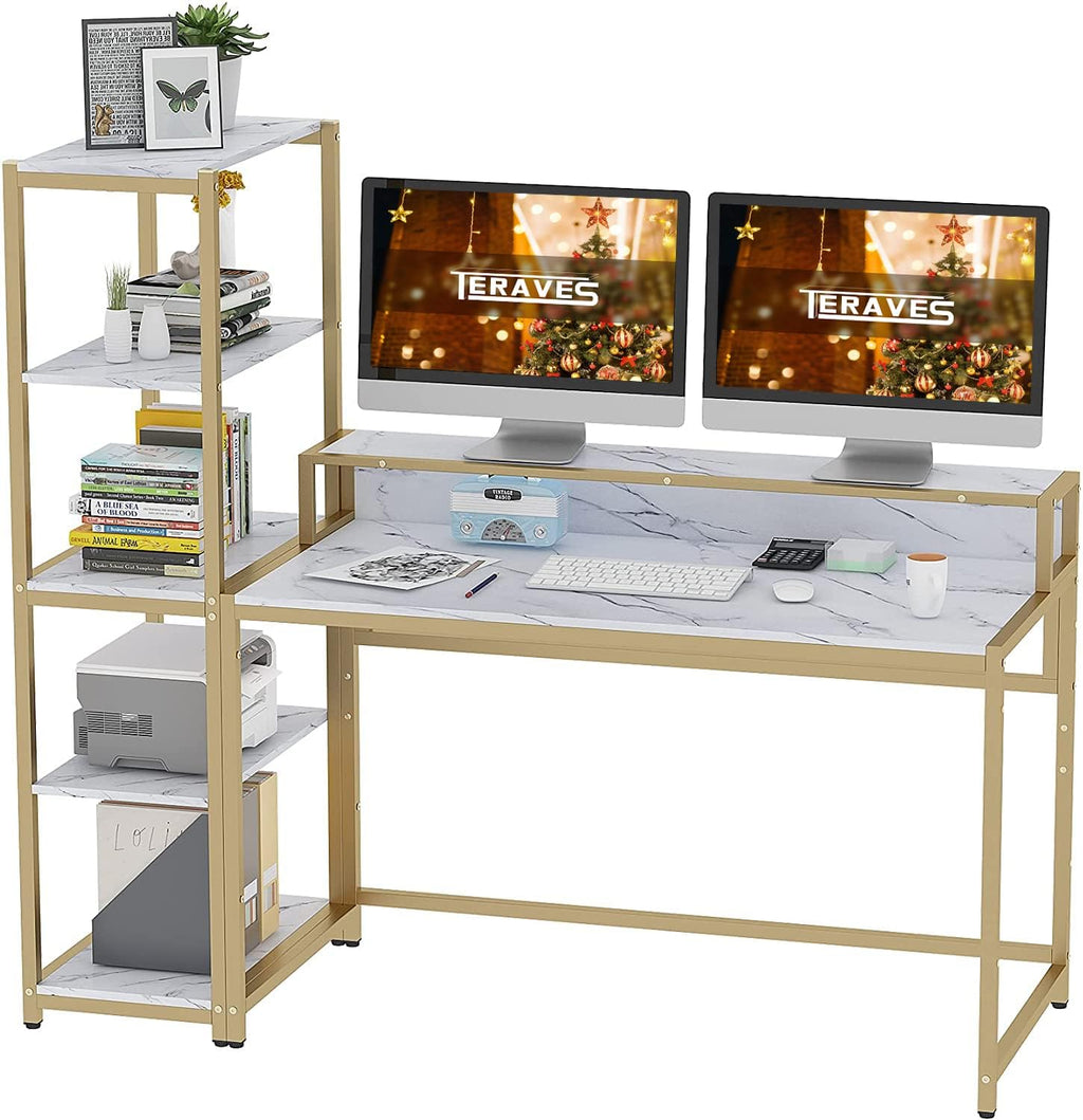 Teak 47 Inch Computer Desk with 5 Tier Shelves K772140