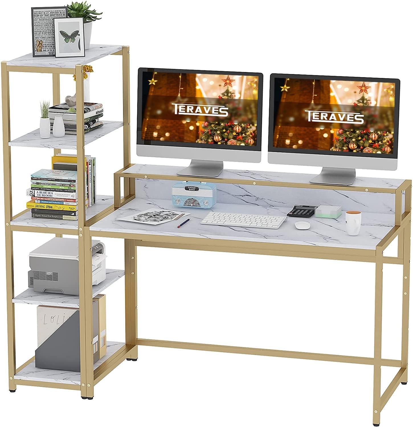Teak 47 Inch Computer Desk with 5 Tier Shelves K772140