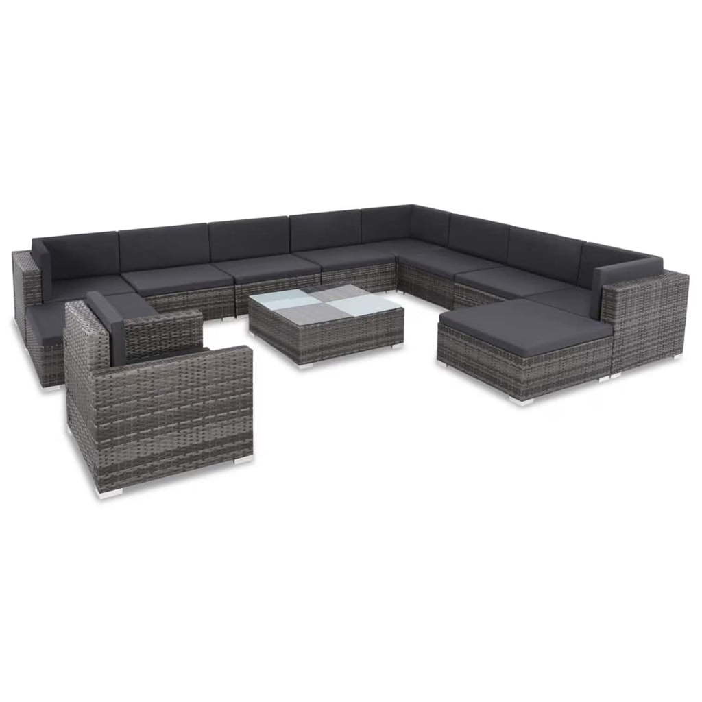 12 Piece Gray Poly Rattan Outdoor Patio Sectional Sofa with Coffee Table and Ottoman M58424