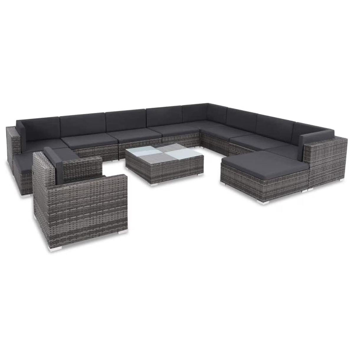 12 Piece Gray Poly Rattan Outdoor Patio Sectional Sofa with Coffee Table and Ottoman M58424