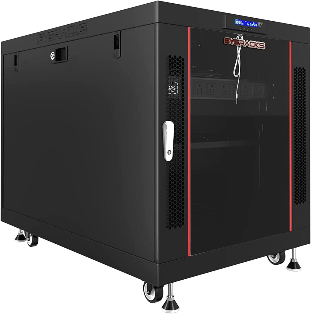 15U 35 inch Deep Server Rack Cabinet Enclosure with Cooling Fans, LCD Screen, Thermostat, PDU, Casters, Shelf W900740