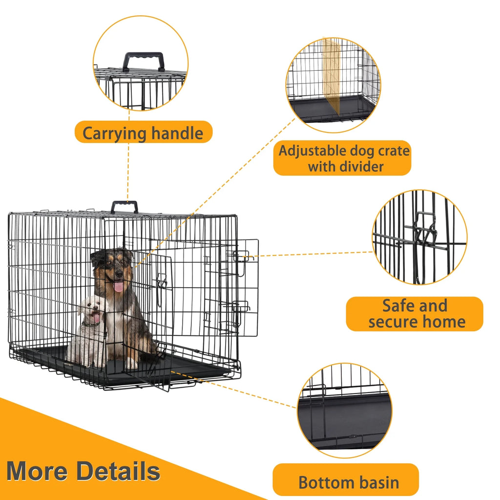 Black 42 inch Folding Wire Dog Crate with Divider and Double Door V979