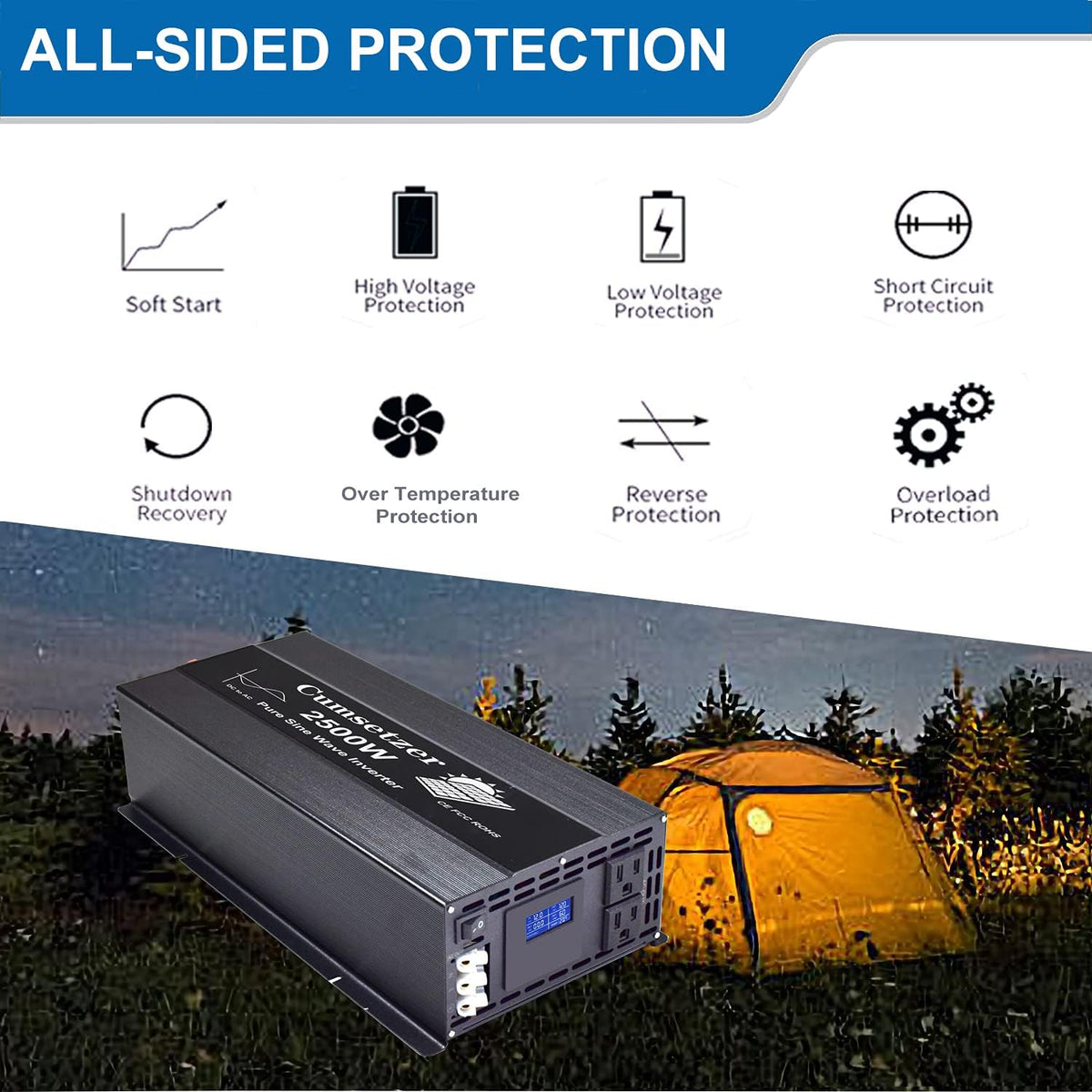 2500w 12v Pure Sine Wave Power Inverter DC to AC 110v 120v with Dual US Outlet, Hardwire Terminal, LCD Display K191458