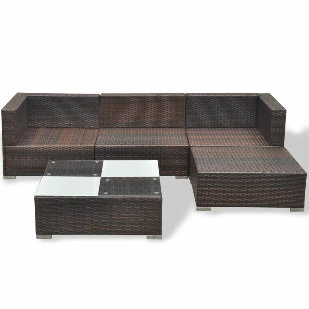 5 Piece Outdoor Sectional Sofa with Coffee Table and Ottoman Set Poly Rattan E6285