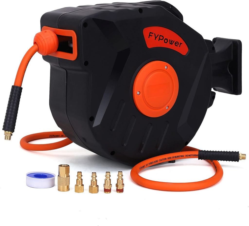 Air Compressor Hose Reel with Automatic Retractable Enclosed 3/8 inch x 50 ft Hybrid Air Hose, 1/4" NPT Brass Coupler and Plugs, 6 ft Lead in, Wall Mounted 180° Swivel, 300PSI S68164
