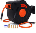 Air Compressor Hose Reel with Automatic Retractable Enclosed 3/8 inch x 50 ft Hybrid Air Hose, 1/4" NPT Brass Coupler and Plugs, 6 ft Lead in, Wall Mounted 180° Swivel, 300PSI S68164