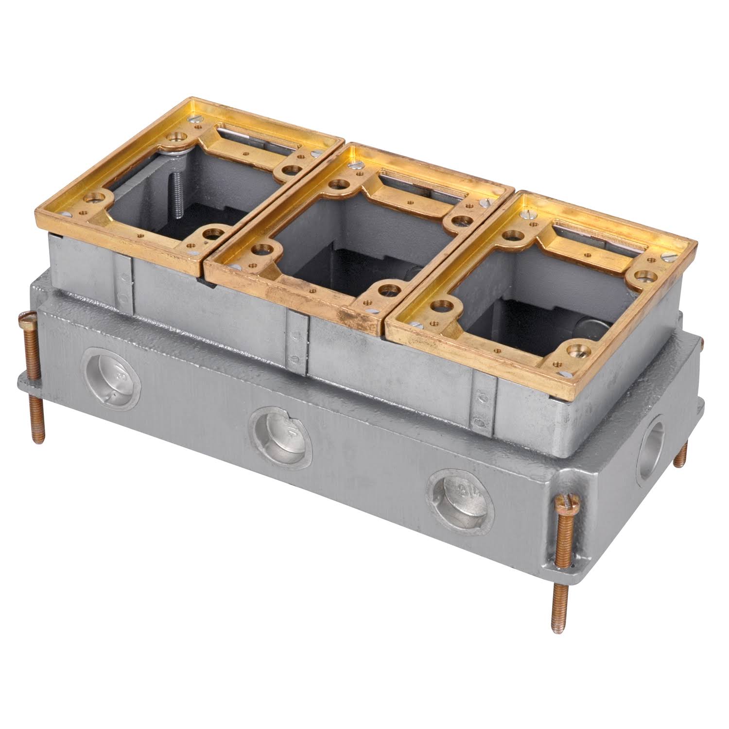 3 Gang Cast Iron Deep Floor Box Brass Trim O45256