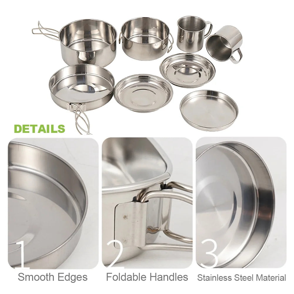 8PCS Stainless Steel Camping Cookware Mess Kit P892