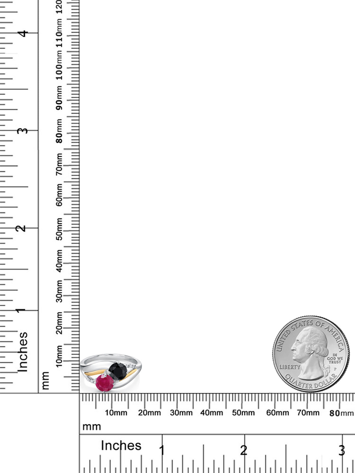 925 Sterling Silver 10K Yellow Gold Red Ruby Black Sapphire White Lab Grown Diamond 2 Stone Engagement Ring Q13844
