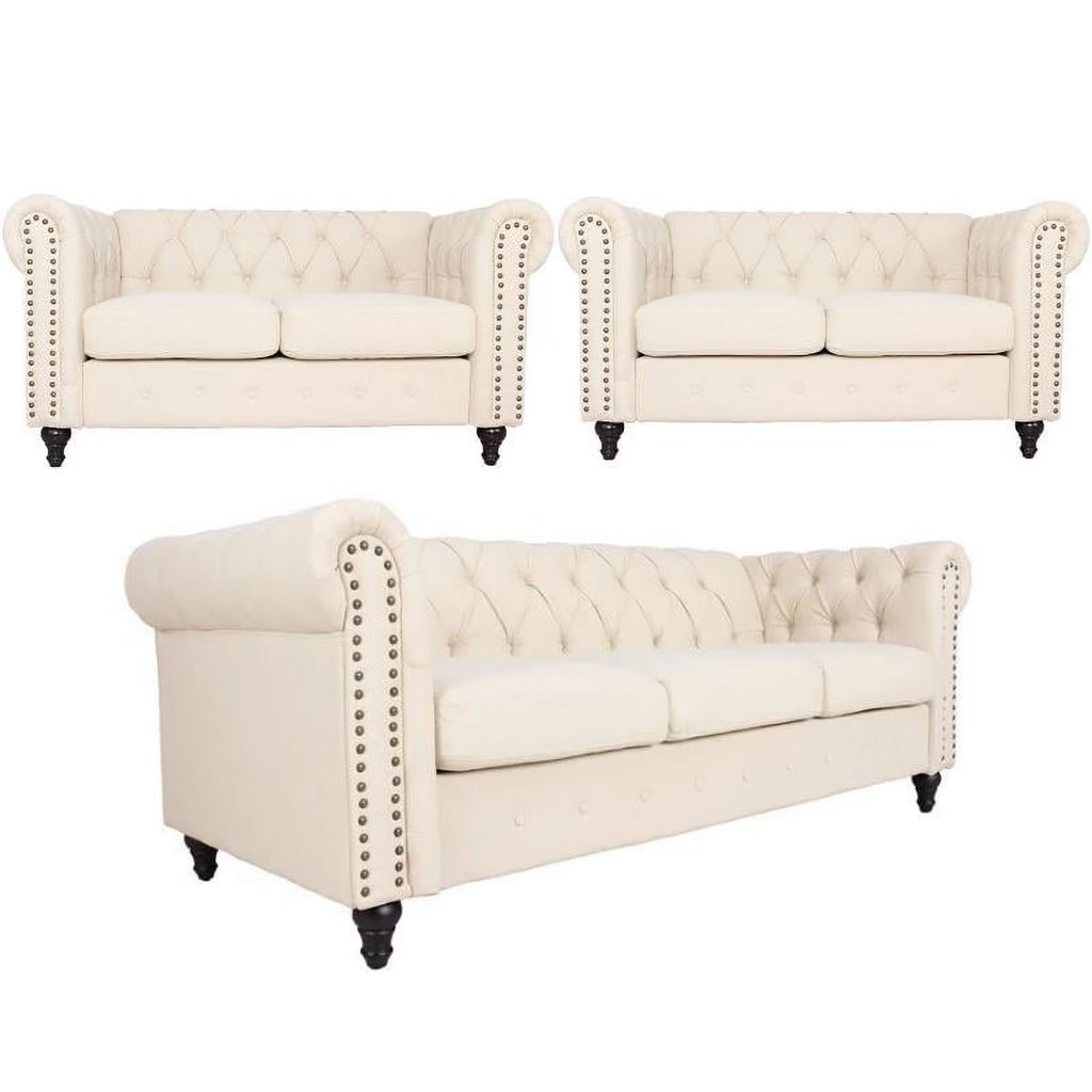 3 Piece Microfiber Sofa and 2-Loveseat Set in Cream P77166