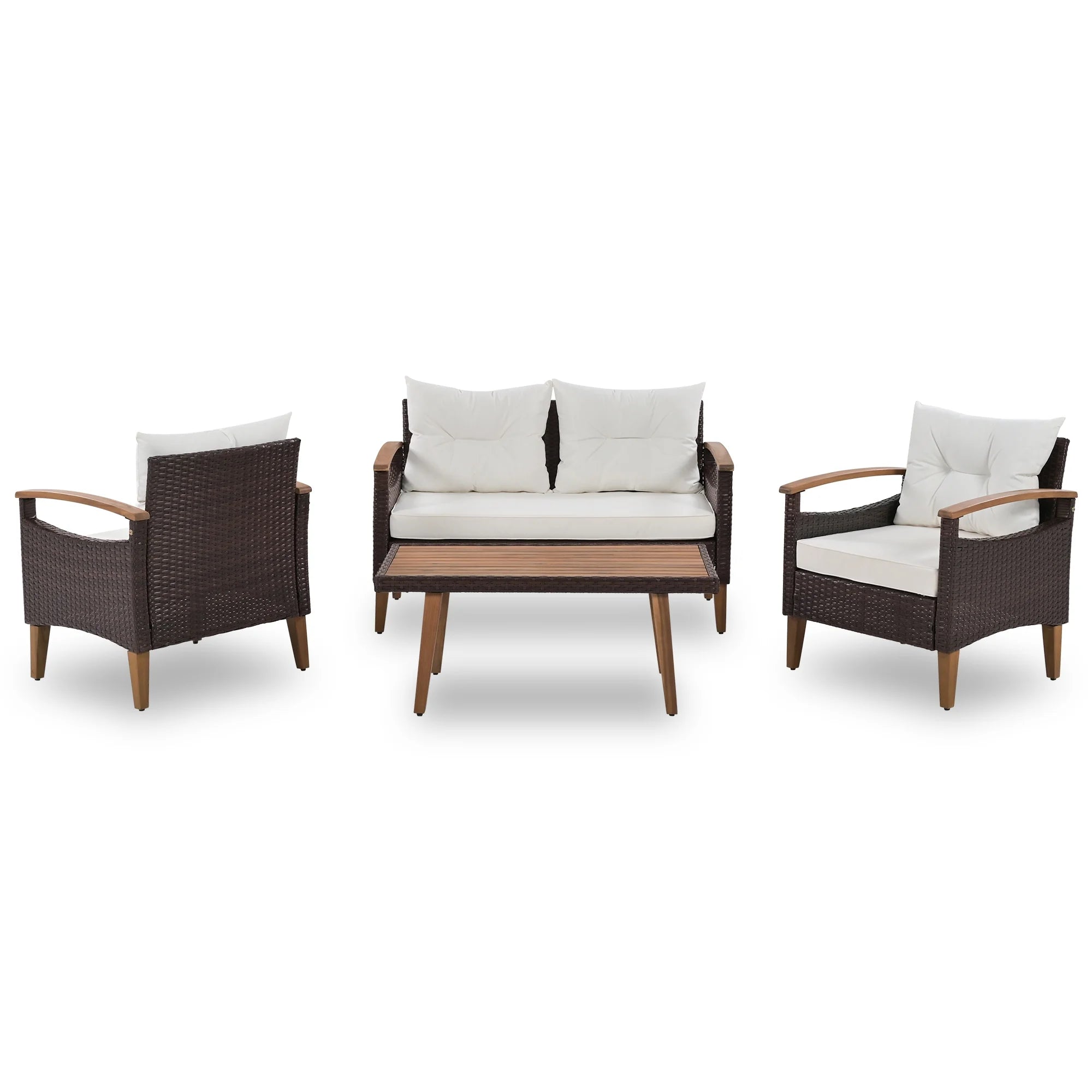 4-Piece PE Rattan Outdoor Sofa Set with Wood Table and Legs J1600
