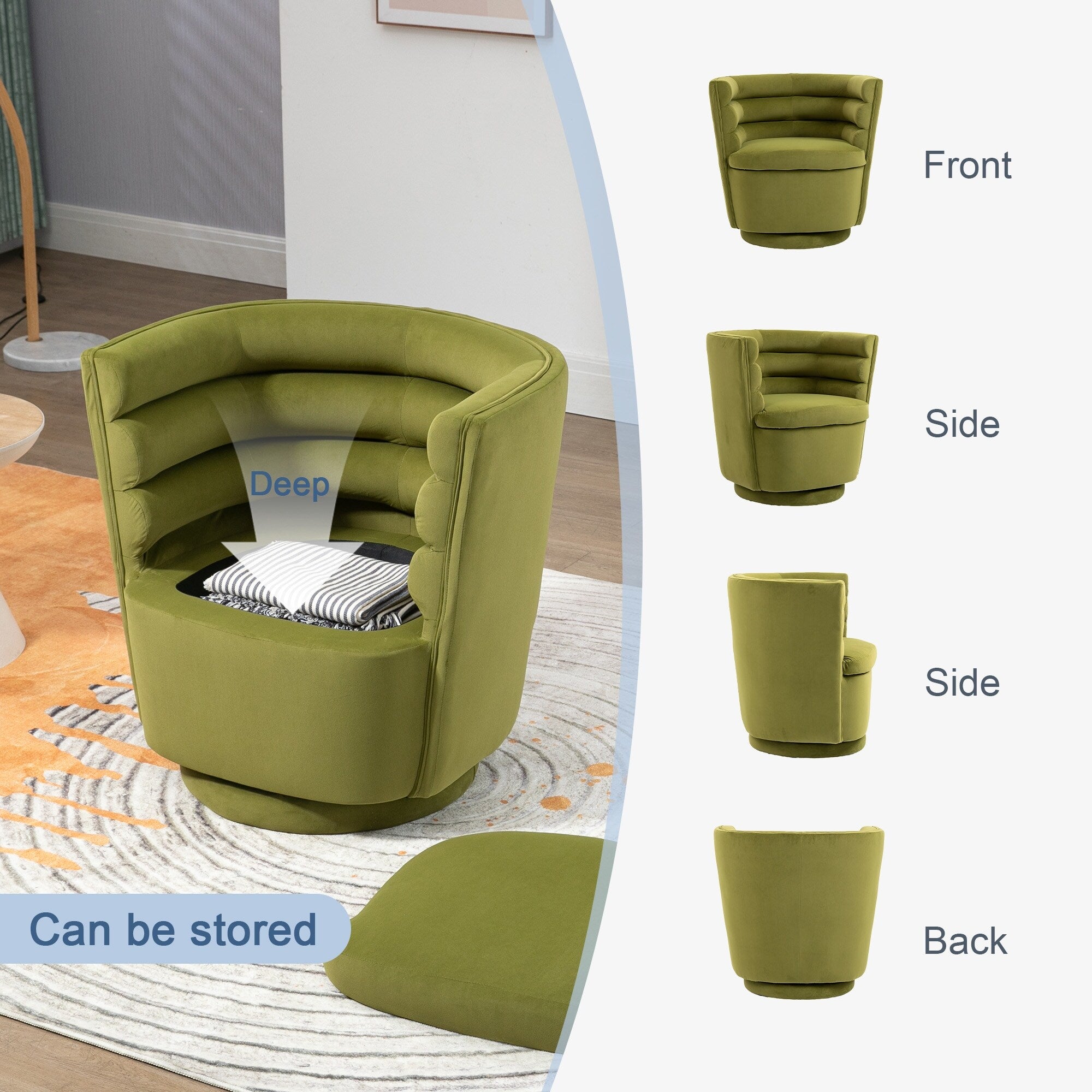 Olive Green Velvet Barrel Armchair with Storage C362781
