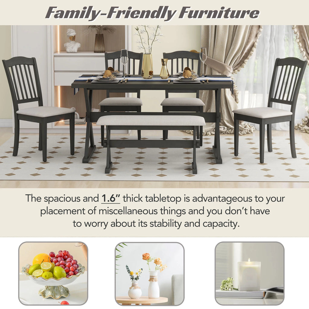 6 Piece Wood Dining Table Set with Bench and 4 Cushioned Chairs V347293