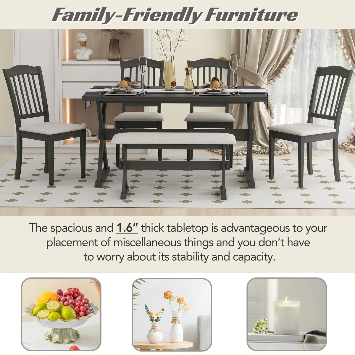 6 Piece Wood Dining Table Set with Bench and 4 Cushioned Chairs V347293