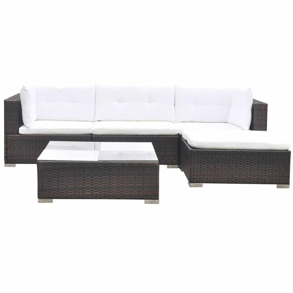 5 Piece Outdoor Sectional Sofa with Coffee Table and Ottoman Set Poly Rattan E6285