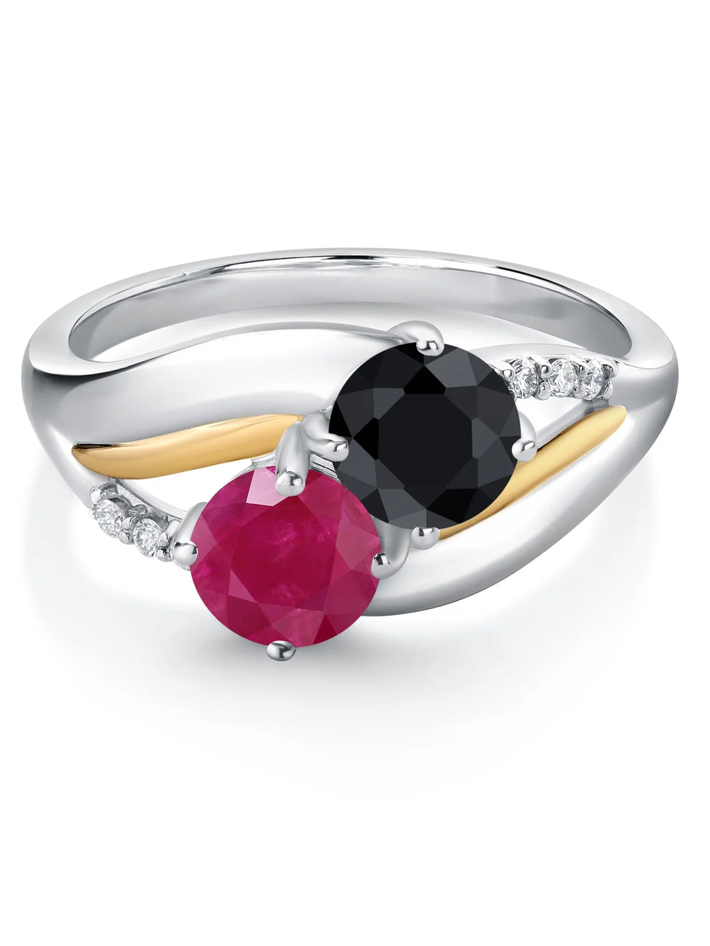 925 Sterling Silver 10K Yellow Gold Red Ruby Black Sapphire White Lab Grown Diamond 2 Stone Engagement Ring Q13844