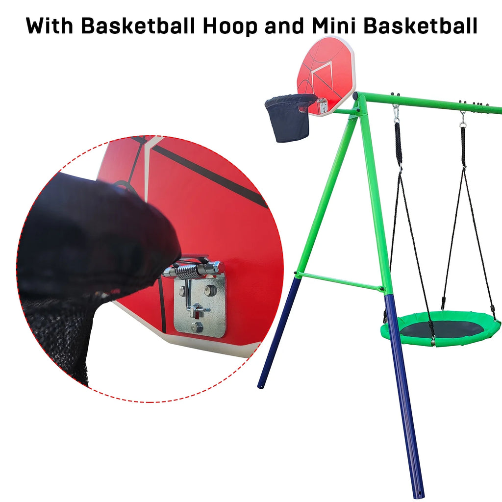 Swing Set with 32in Saucer Swing, EVA Swing Seat, Kids Basketball Hoop, Soccer Net, 440lbs Heavy Duty Anti-Rust Steel A-Frame A4642