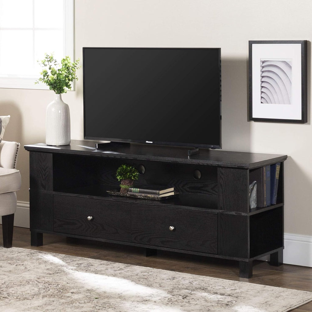 60 Inch Black TV Stand with Cabinet Doors and Side Storage J1728