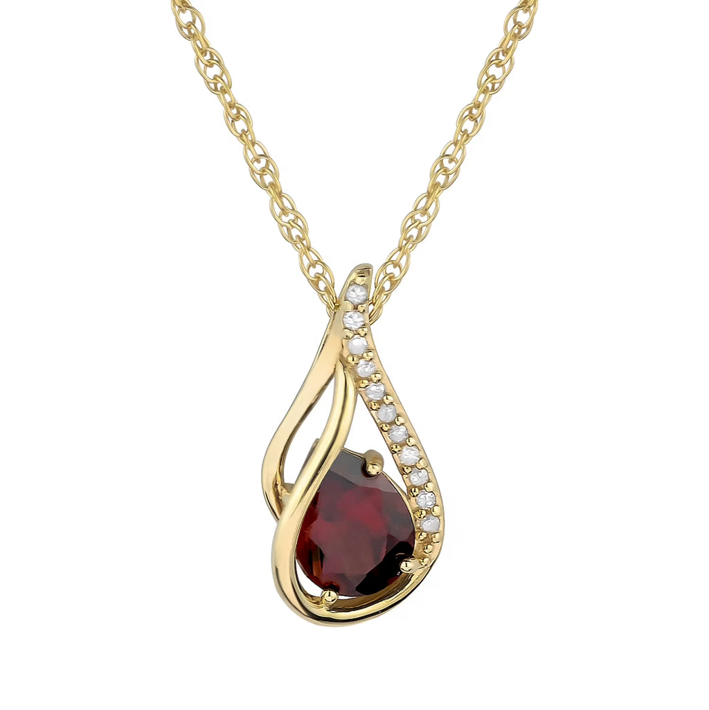 10k Yellow Gold Pear-shape Garnet and Diamond Halo Drop Pendant Necklace Y850