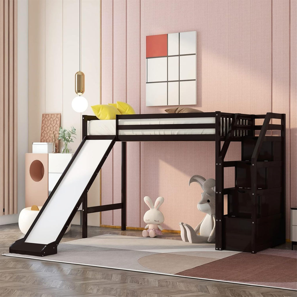 White Wood Twin Loft Bed with Slide and Staircase Storage E397374