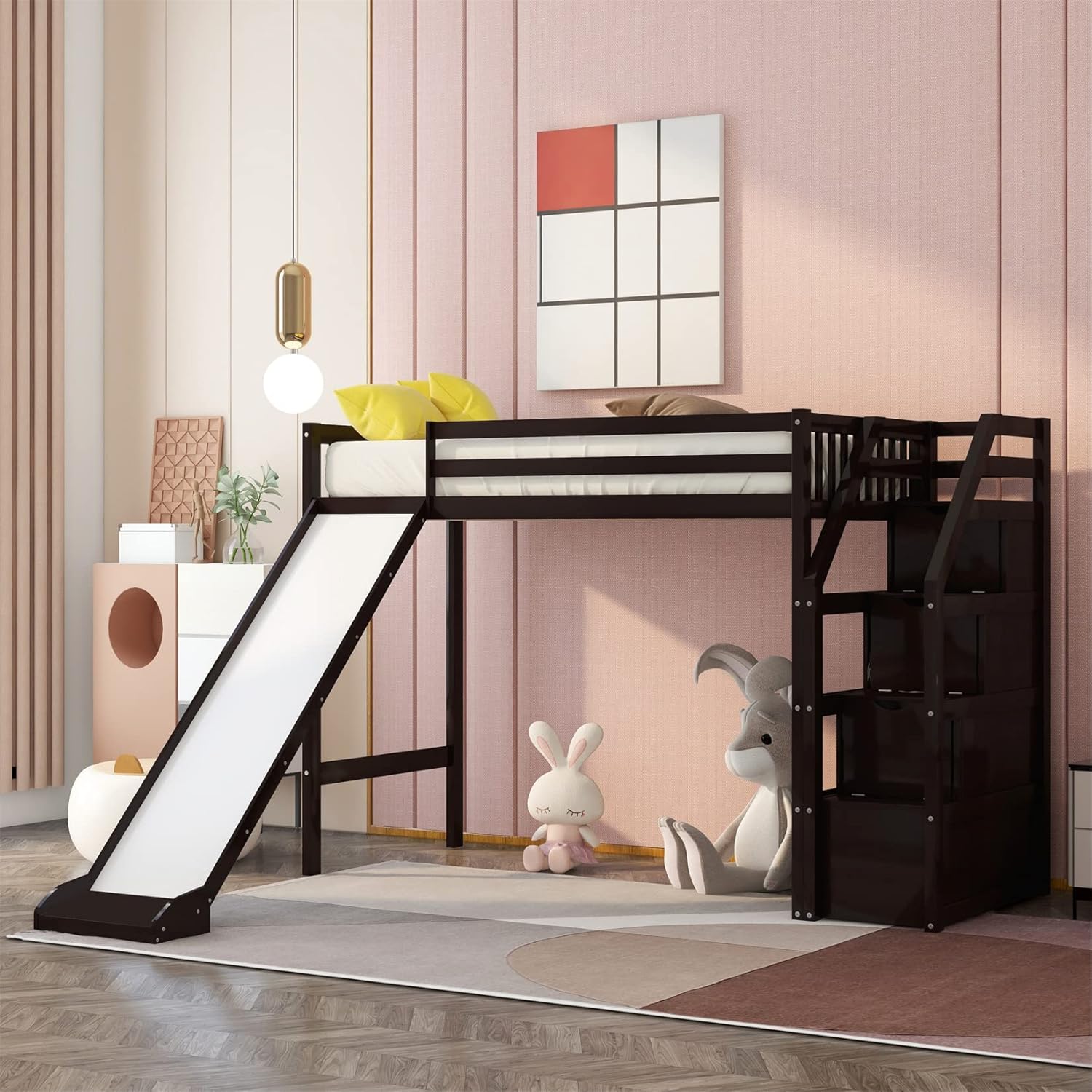 White Wood Twin Loft Bed with Slide and Staircase Storage E397374