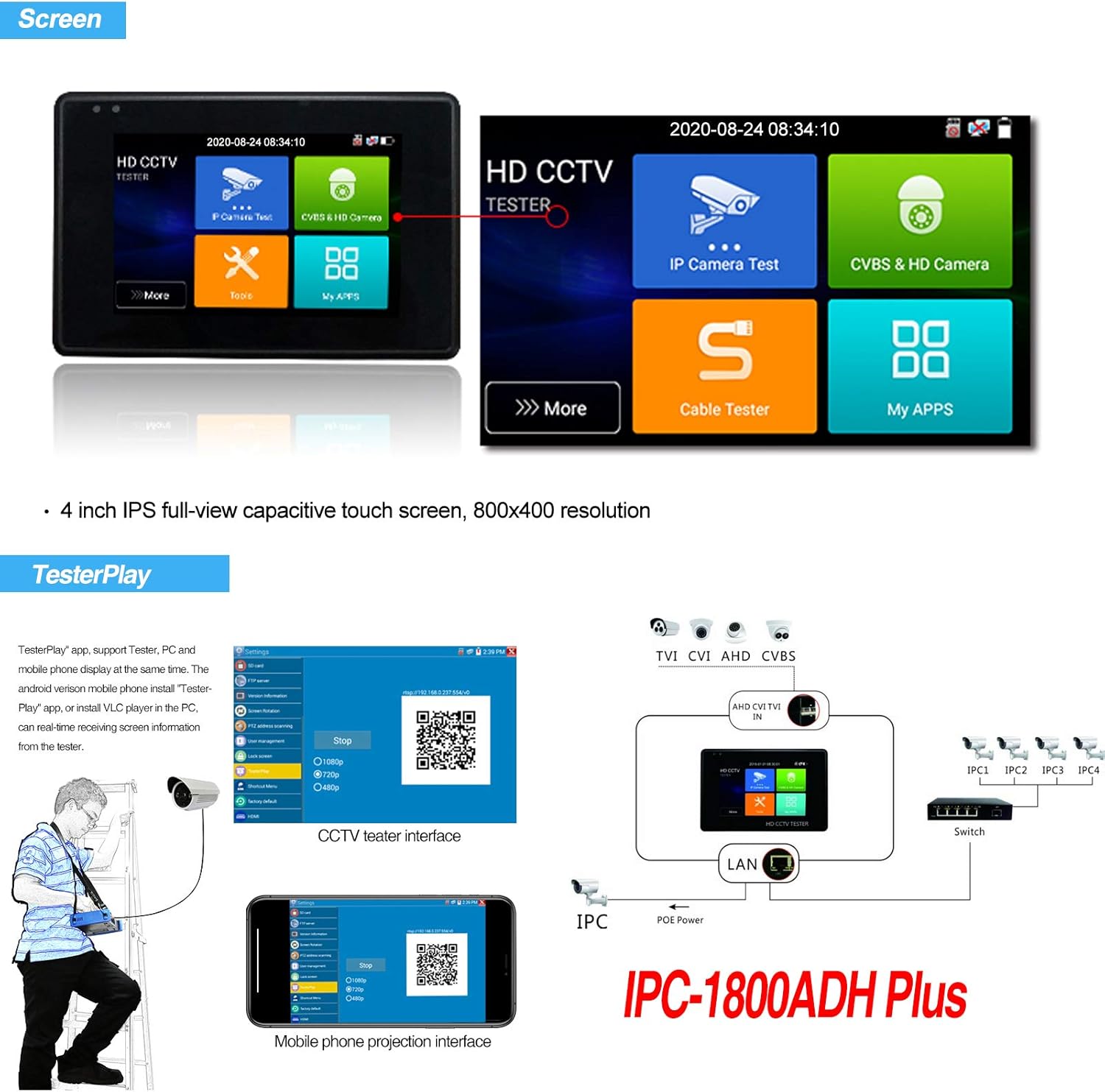 5 in 1 CCTV Camera Tester with 4-inch IPS Touch Screen Monitor V5388