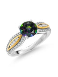 925 Silver 10K Yellow Gold Green Mystic Topaz White Lab Grown Diamond Ring B3996
