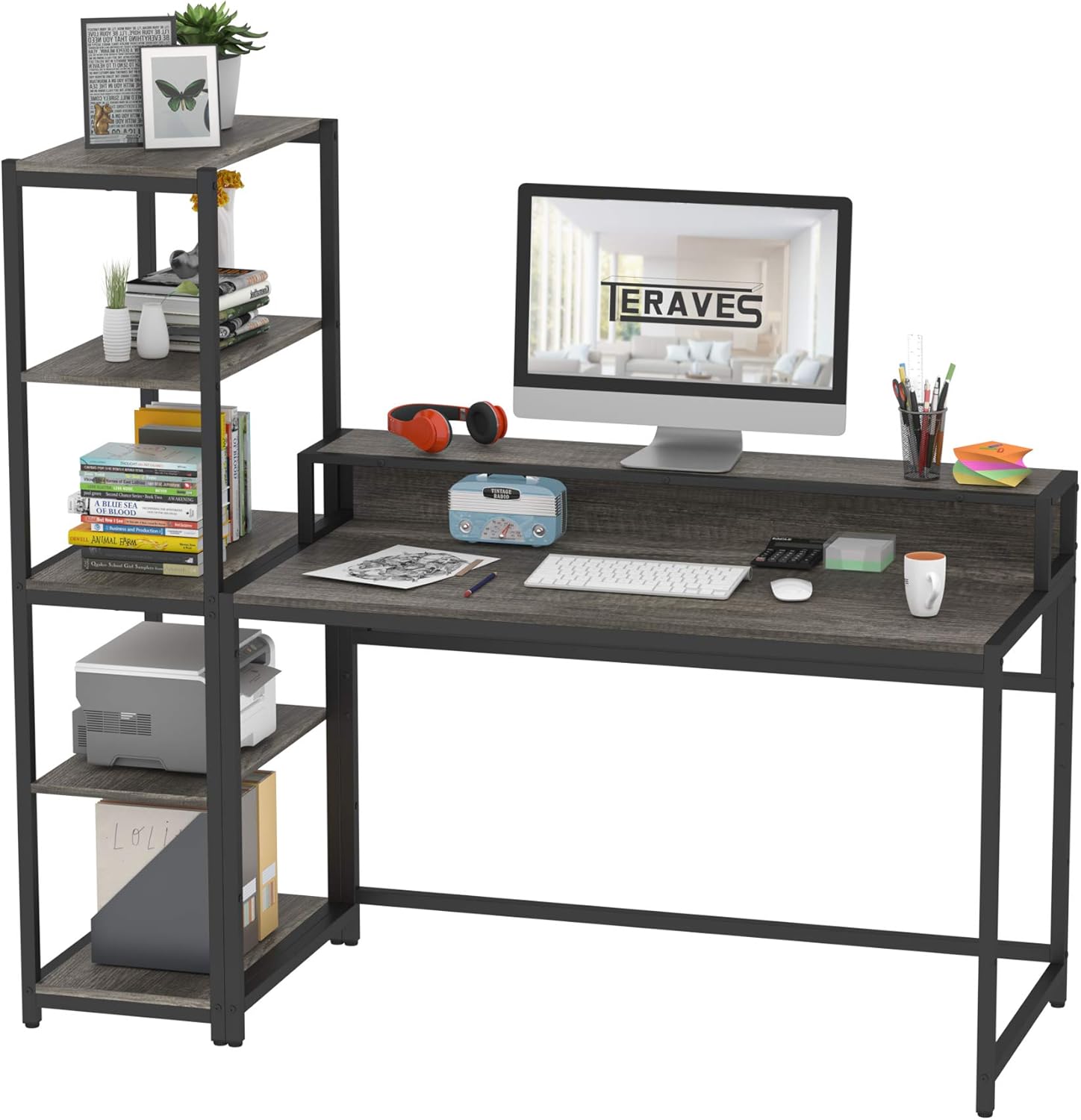 Teak 47 Inch Computer Desk with 5 Tier Shelves K772140