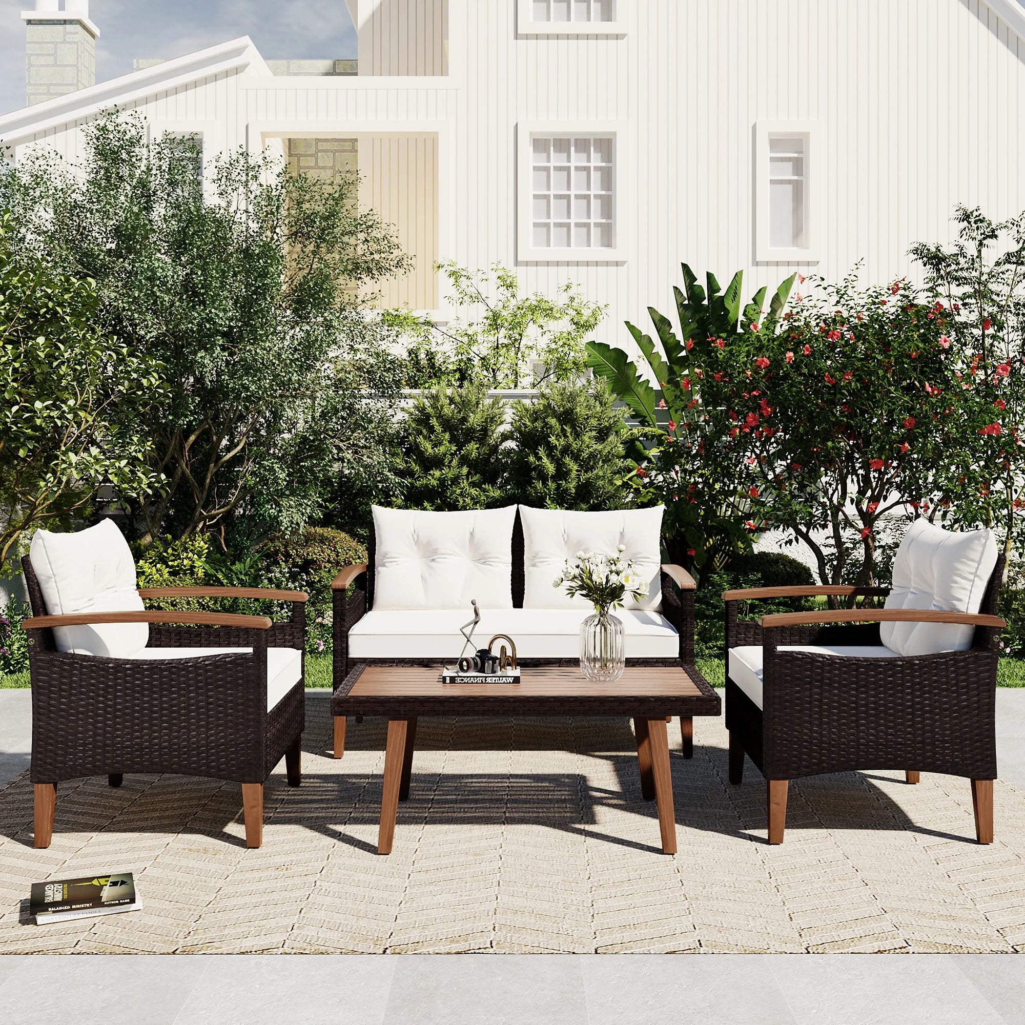 4-Piece PE Rattan Outdoor Sofa Set with Wood Table and Legs J1600