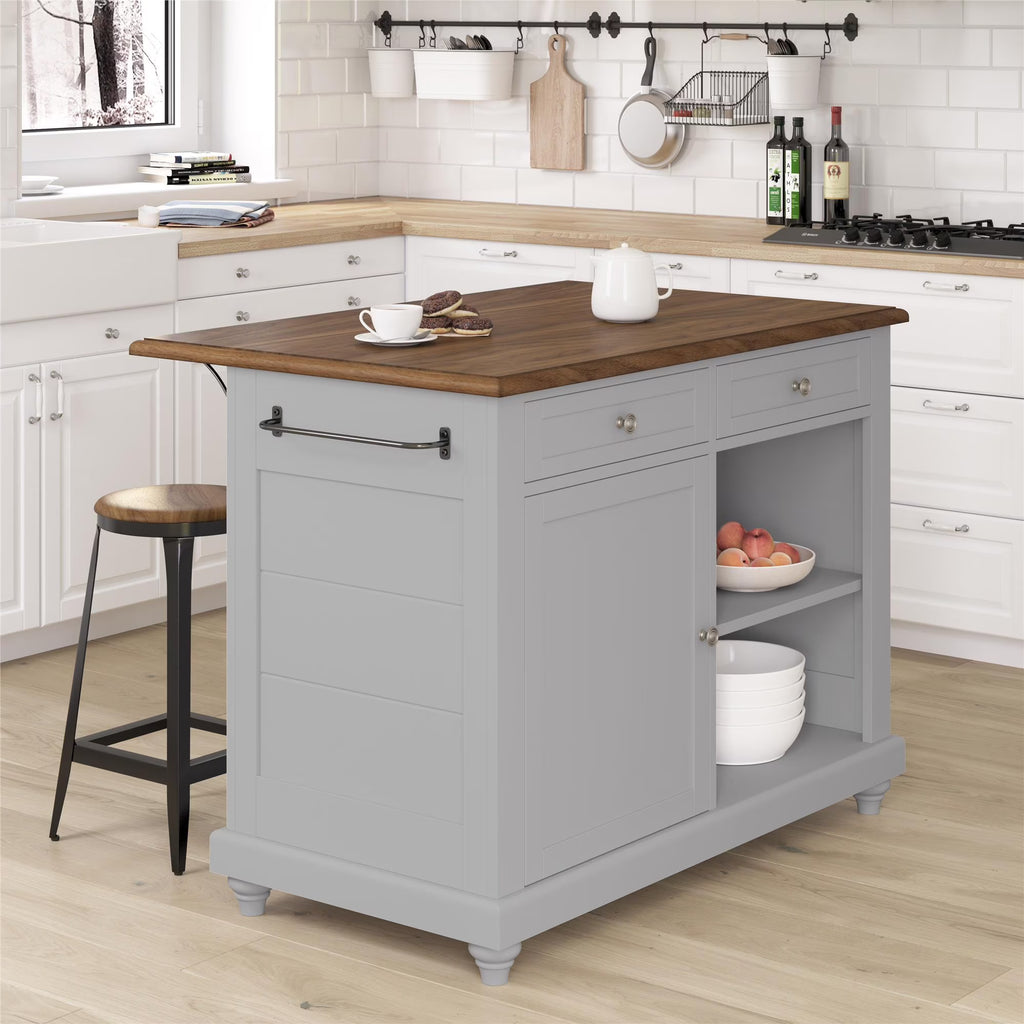 Gray Kitchen Island with 2 Stools and Drawers K844