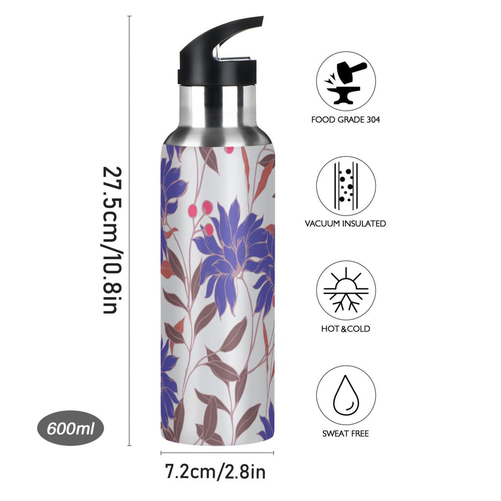 Blue Floral Stainless Steel Insulated Water Bottle with Straw Lid T377995