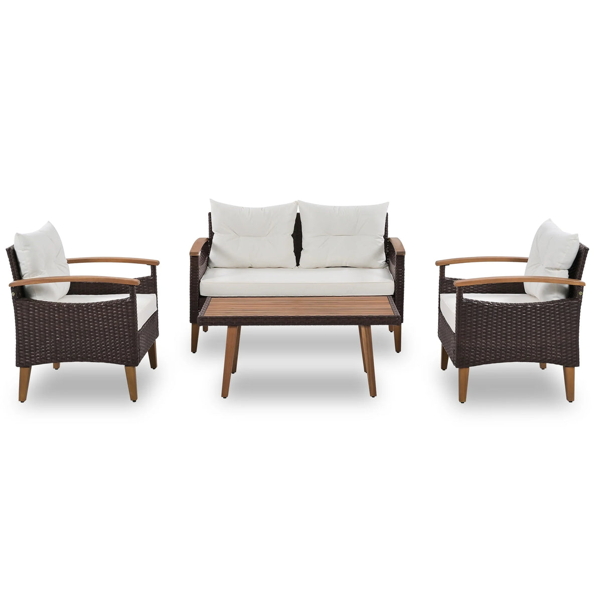 4-Piece PE Rattan Outdoor Sofa Set with Wood Table and Legs J1600