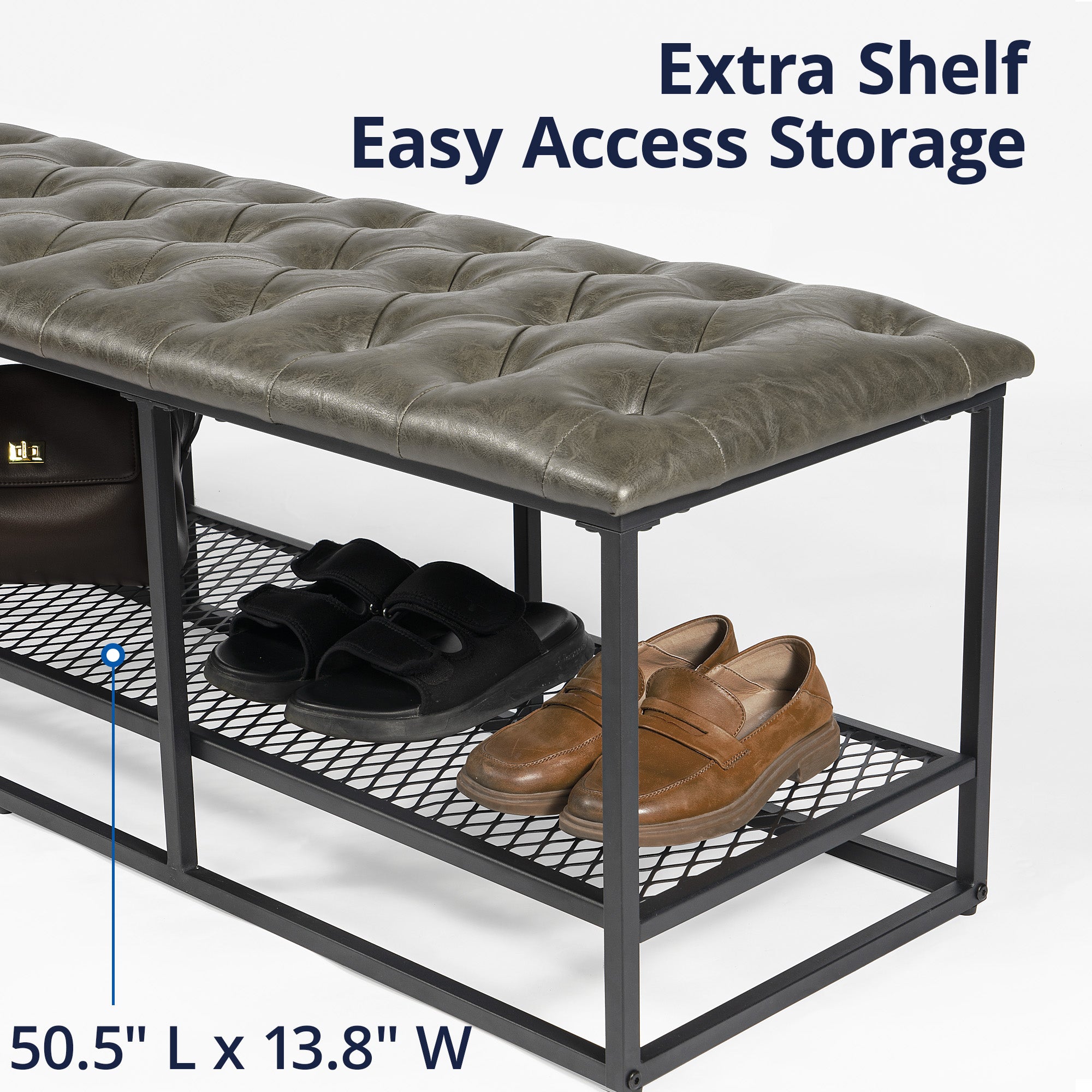 Gray Green Button Tufted Faux Leather Storage Bench F288310