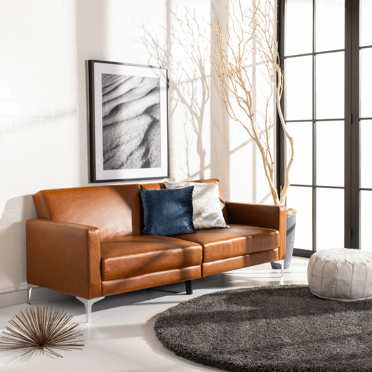 Cognac/Chrome Foldable Futon Bed W734