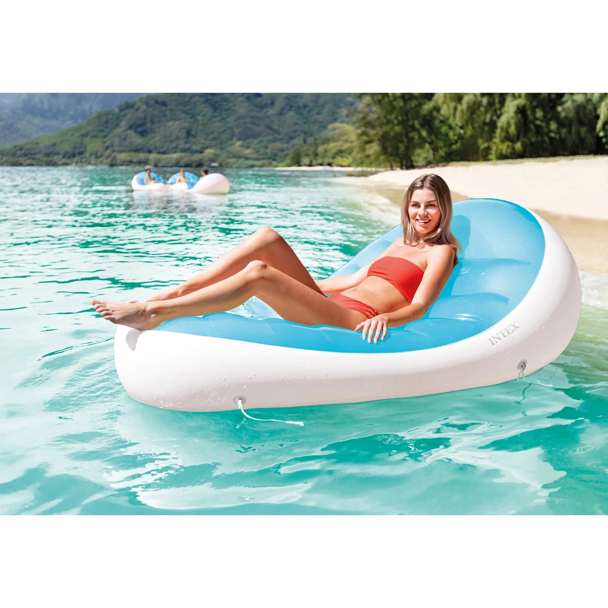 Blue & White Pool Float Lounger with Cupholder B6854