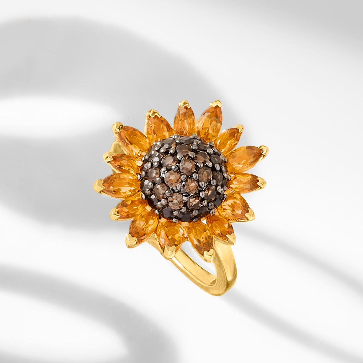 1.70 ct. t.w. Citrine and .80 ct. t.w. Smoky Quartz Sunflower Ring in 18kt Gold Over Sterling D499