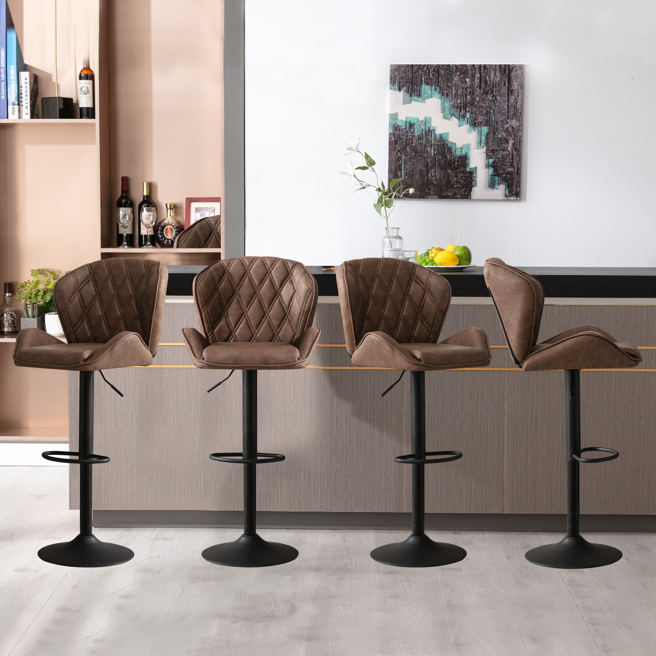 Brown Velvet Bar Stools Set of 2 with Armrest S3781