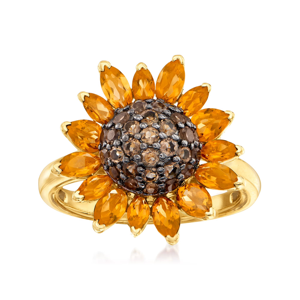 1.70 ct. t.w. Citrine and .80 ct. t.w. Smoky Quartz Sunflower Ring in 18kt Gold Over Sterling D499