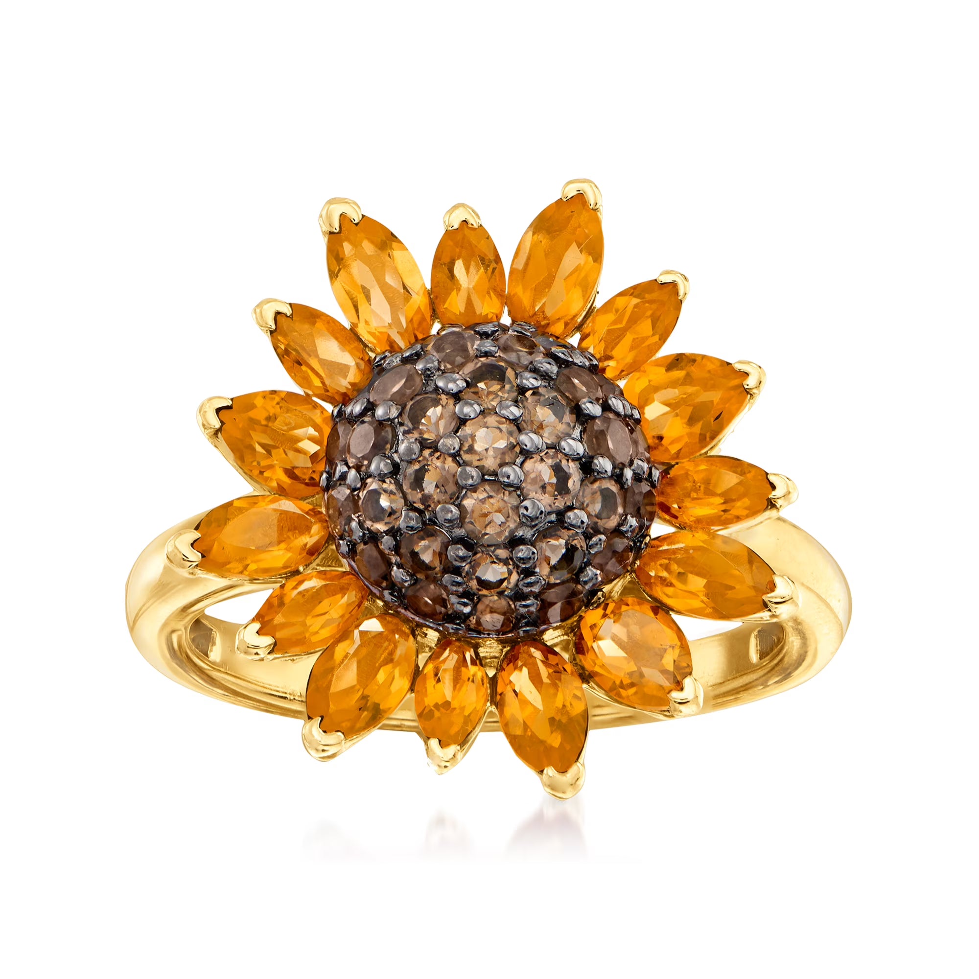 1.70 ct. t.w. Citrine and .80 ct. t.w. Smoky Quartz Sunflower Ring in 18kt Gold Over Sterling D499