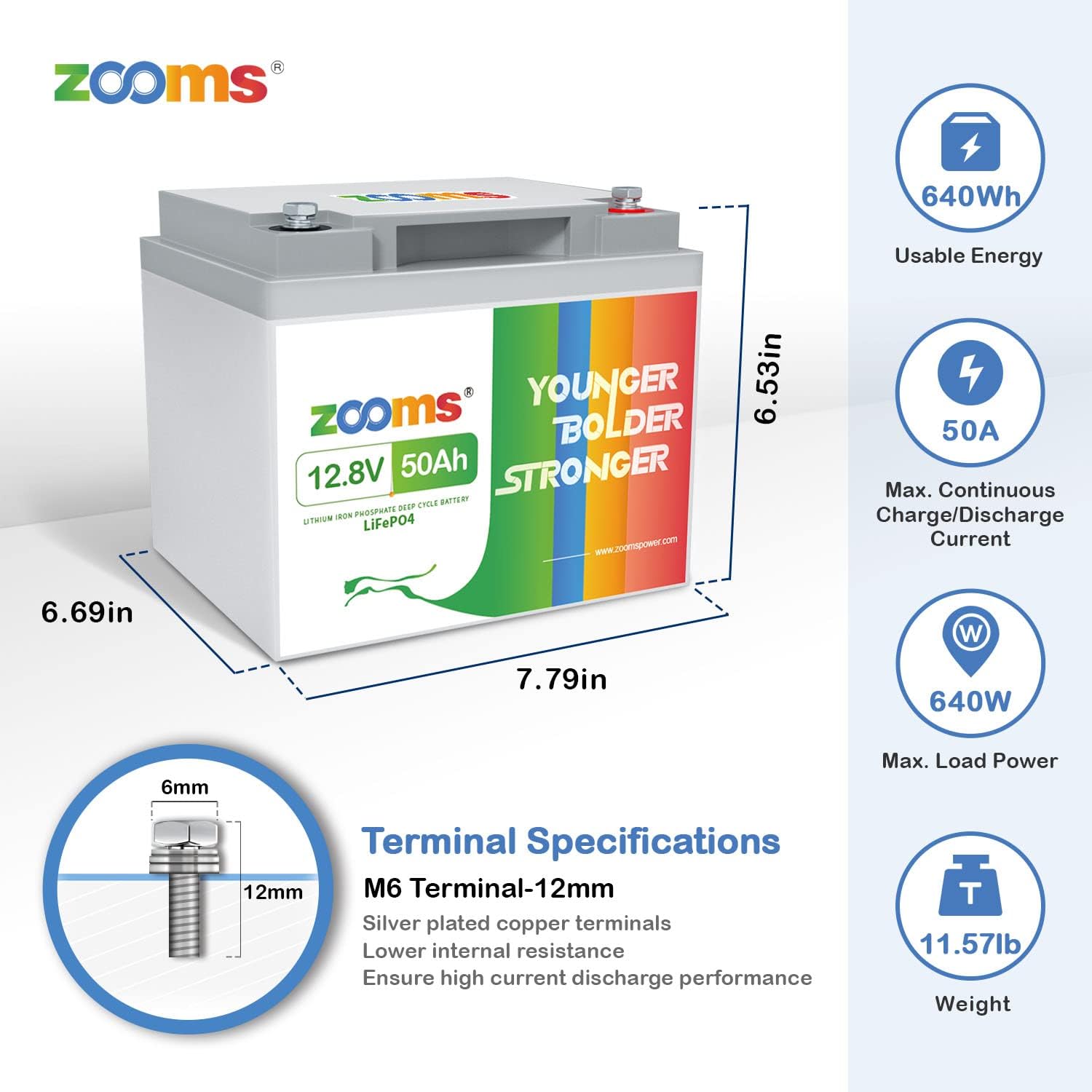 12.8V 50Ah Lithium LiFePO4 Battery with Built-in BMS W9134