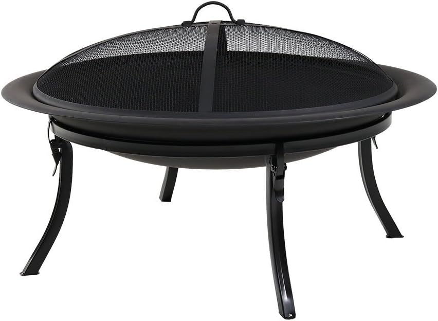 29 Inch Round Wood Burning Fire Pit Bowl with Spark Screen and Folding Stand D241