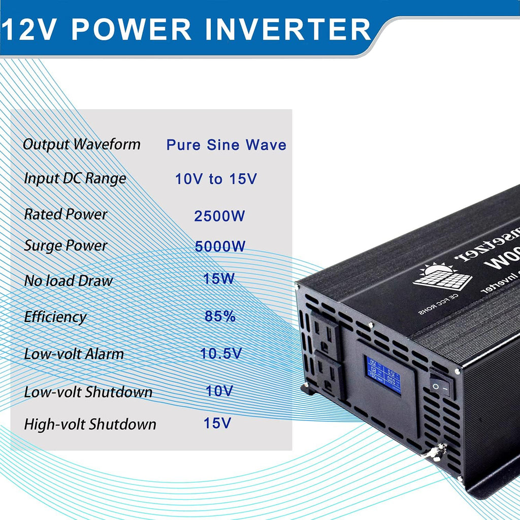2500w 12v Pure Sine Wave Power Inverter DC to AC 110v 120v with Dual US Outlet, Hardwire Terminal, LCD Display K191458