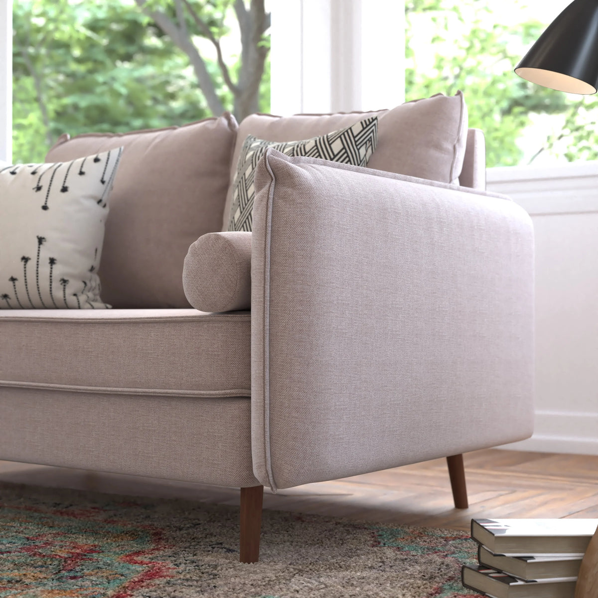 Taupe Faux Linen Loveseat Sofa with Solid Wood Legs D4381